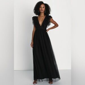 NWT Lulus Simply Delighted Black Mesh Ruffled Backless Maxi Dress